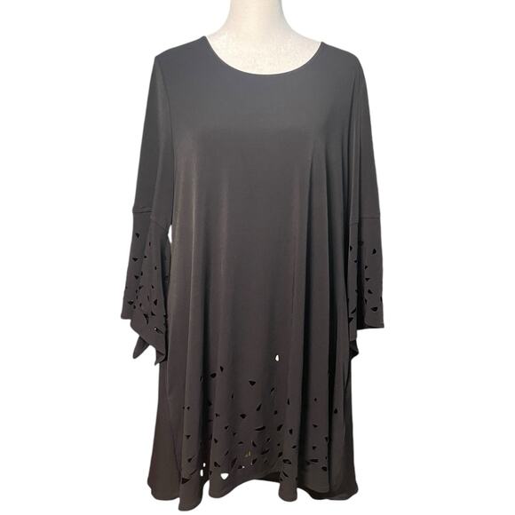 IC By Connie K Women's Blouse L Black Asymmetrical Artsy Pocket Tunic Top Slinky - Picture 1 of 11